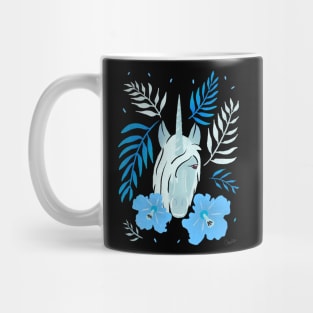 Unicorn and Blue Hibiscus Flower and Tropical Leaves Mug